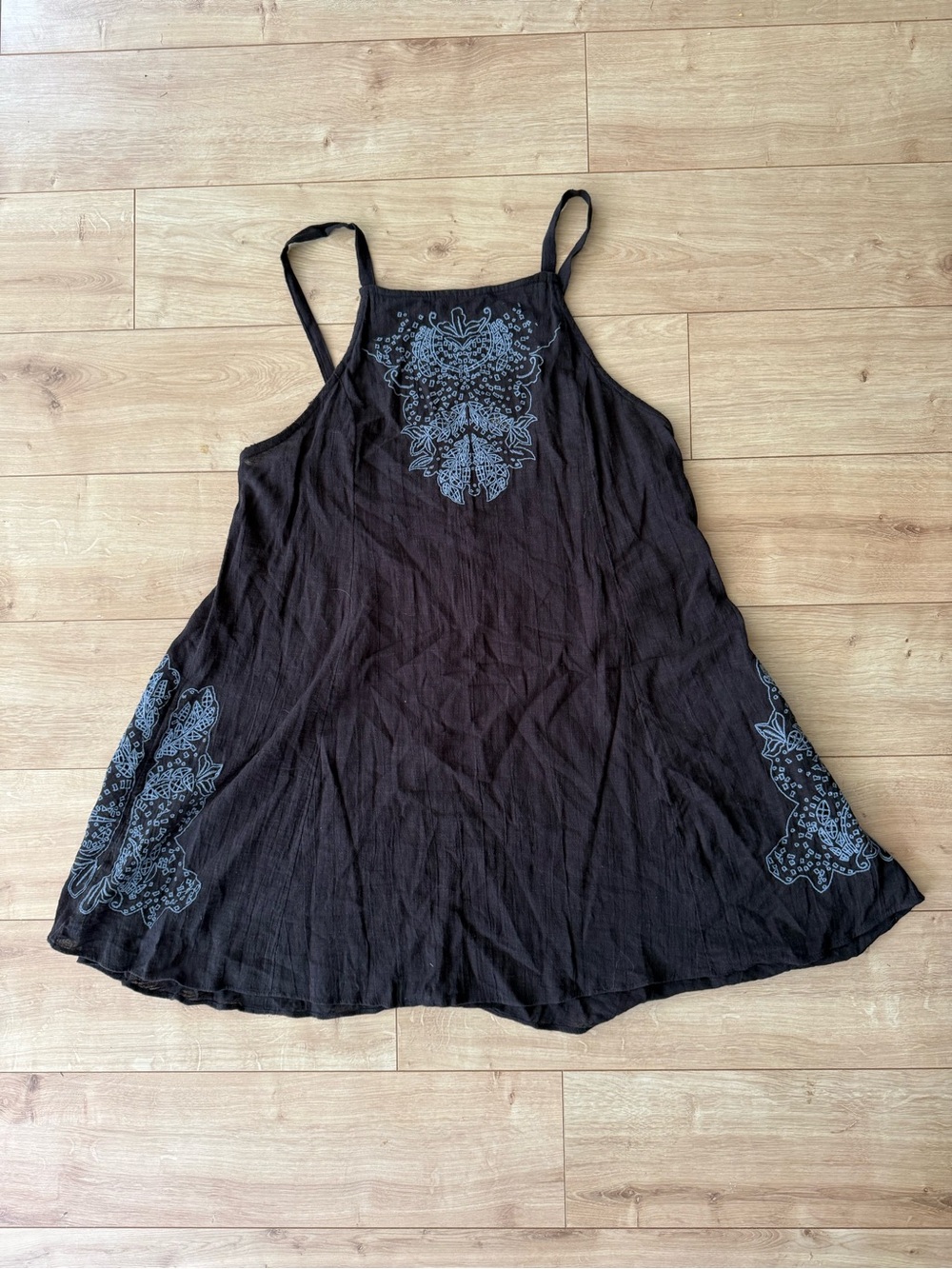 Free People Intimately Black Embroidered Mini Dress Cotton Boho Swing Size S